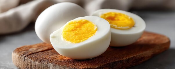 Clean eating as a simple snack in kitchen concept. Delicious boiled eggs cut in half showcasing the bright yolk.