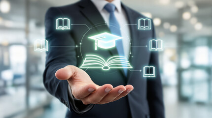 E-library concept. Person using laptop with virtual Ebook icons for electronic books online, knowledge base on internet.new