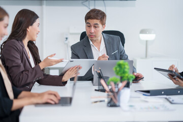 Asian business group meeting, document work, investment structure chart, work in the office