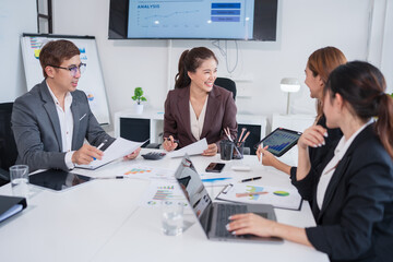 Asian business group meeting, document work, investment structure chart, work in the office