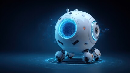 Spherical robot displaying navigation hologram on dark navy blue background