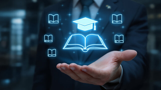 E-library concept. Person using laptop with virtual Ebook icons for electronic books online, knowledge base on internet.new