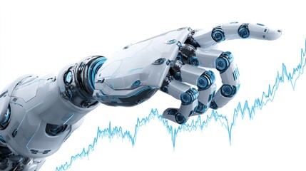 Steel robot arm presenting electric blue market movement line over white