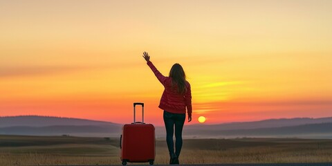A Heartfelt Farewell with Warm Goodbyes and Best of Luck, A traveler waves goodbye against a vibrant sunset, signaling a new adventure ahead.