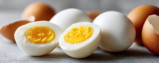 Protein rich as simple classic snack with shell concept. Fresh boiled eggs showcasing textures and colors in a clean setting.