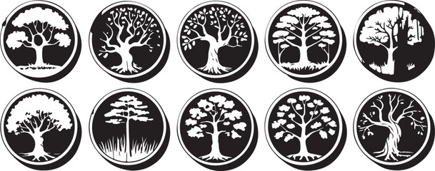 "Black and White Tree Silhouette Icon Set &ndash; Circular Nature Vector Illustrations Featuring Diverse Tree Designs for Eco Logos, Botanical Decor, and Environmental Concepts"

