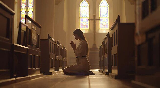 Woman praying in a church
