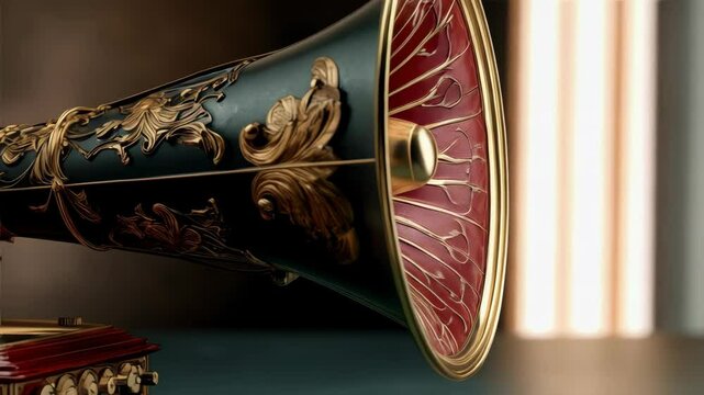 Ornate antique phonograph with floral carvings, a red and gold amplifying horn, and a vintage aesthetic