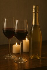 Warm Glow of Candles and Wine Bottles on a Wooden Table