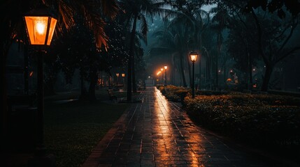 Illuminated park pathway at night with warm ambient lighting