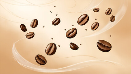 Obraz premium Floating coffee beans drawn with gentle detail, hovering in a creamy mist on a warm beige tone. The hand-sketched style, soft gradient lighting, and subtle highlights bring a cozy, peaceful atmosphere