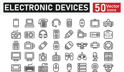Collection of 50 Line Icons Representing Electronic Devices and Digital Gadgets – Cameras, Smartphones, Wearables, Game Controllers, and Audio Equipment – Vector Illustration