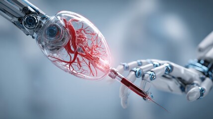 Surgical precision robot holding vascular system hologram on clinical grey-blue