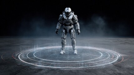 Tactical robot projecting defense grid hologram on asphalt black background
