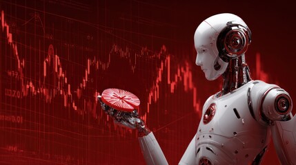 Tech robot showing holographic pie and stock market trends on red backdrop