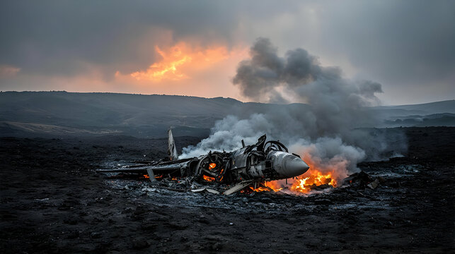Burning Military Airplane Wreckage On A Dark Field At Sunset