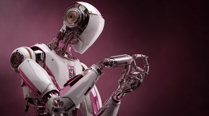 Theater robot operating backstage pulley system on dark plum background