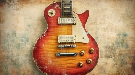 A beautifully aged electric guitar rests against a textured background
