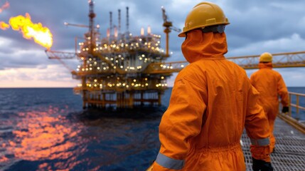 Engineer workers in safety gear monitor oil rig operations during a dramatic sunset at sea.