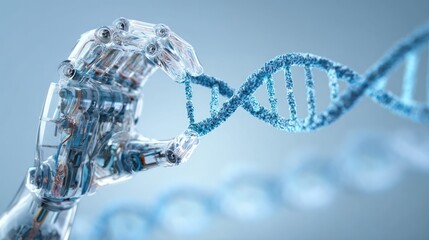 Transparent polymer robot holding DNA strand hologram on sterile blue-white background