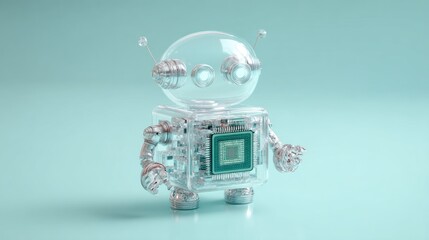 Transparent shell robot holding a floating hologram chip on a pastel mint surface