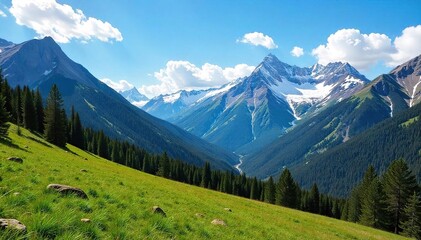 Fototapeta premium Majestic Colorado wilderness scene featuring snow-capped mountains, a vibrant blue sky, and a lush green valley Perfect for travel, nature, and adventure themes , panoramic, peaks, mountains