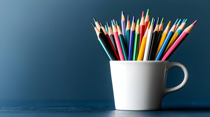 Obraz premium Colorful Pencils In White Mug On Dark Background