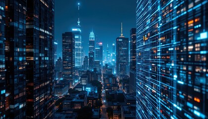 Futuristic city skyline at night with digital overlay.