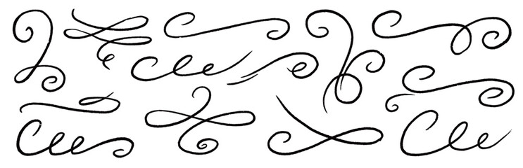 Line ornament flourish calligraphy swirl set. Elegant flourish divider, underline and scroll swash wedding font, label or accent. Line art swirl, chalk flourish, vintage ornament. Vector illustration