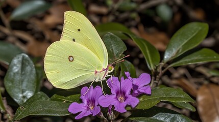 Yellow butterfly on purple flowers