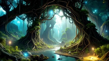 Tranquil fantasy forest scene featuring flowing river, gnarled trees with exposed roots, soft glowing orbs, and misty, ethereal light filtering through trees. - Powered by Adobe