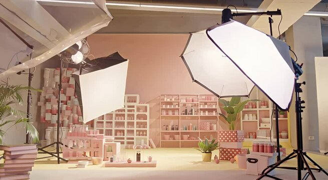 Professional photography  setup with softboxes and lighting equipment.