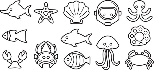 Marine Life and Underwater Creatures Icons in Line Art Style