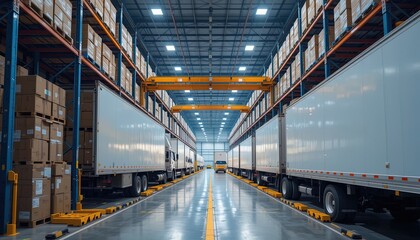 Rows of trucks in a large warehouse.