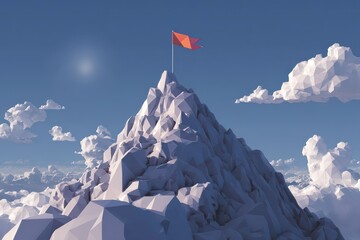 Abstract Mountain Peak with Flag in a Clear Blue Sky