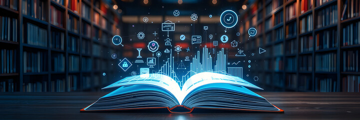 An open book spilling knowledge and data with a lit background surrounded by shelves