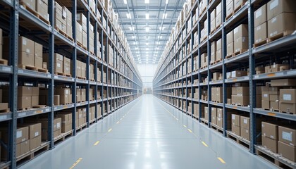 Interior view of a warehouse filled with stacked cardboard boxes.