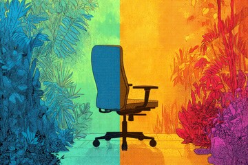 Colorful Office Chair Surrounded by Tropical Plants and Vibrant Nature