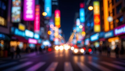 Blurry urban street scene at night, illuminated by vibrant signs.