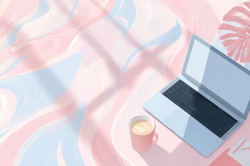 Cozy Workspace with Laptop and Coffee on Colorful Background