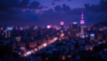 Night city lights blur aerial view.