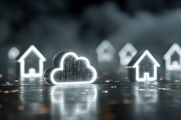 Digital Cloud Concept with Houses and Data Visualization Elements