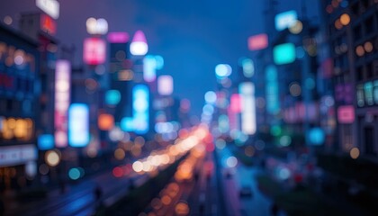 Blurry cityscape at night, illuminated by vibrant advertisements.