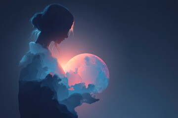 Ethereal Woman Silhouette Holding Glowing Planet Amidst Clouds