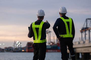 Industrial engineer workers operations marine port cranes loading and unloading of cargo ships...