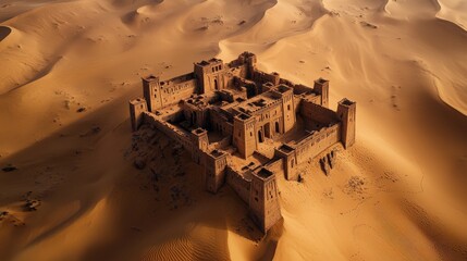 Aerial view of the Sahara Desert with ancient ruins peeking through the golden sands