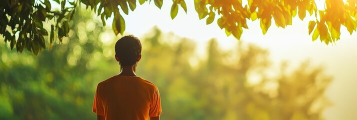 A Heartfelt Farewell with Warm Goodbyes and Best of Luck, Person gazing at nature, bathed in warm light, surrounded by lush greenery and soft foliage.