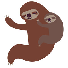  Cute sloth mother and baby sleeping, cartoon character vector illustration.