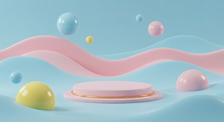 Pastel-colored 3D display podium with floating spheres. Soft, fluid shapes in light pinks, blues, and yellows create a playful aesthetic