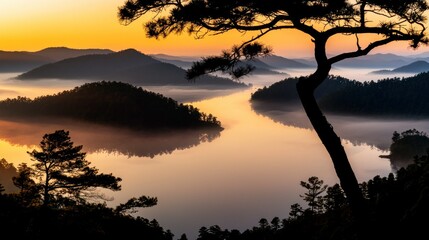 Naklejka premium A scenic sunrise illuminates a misty valley and its surrounding mountains